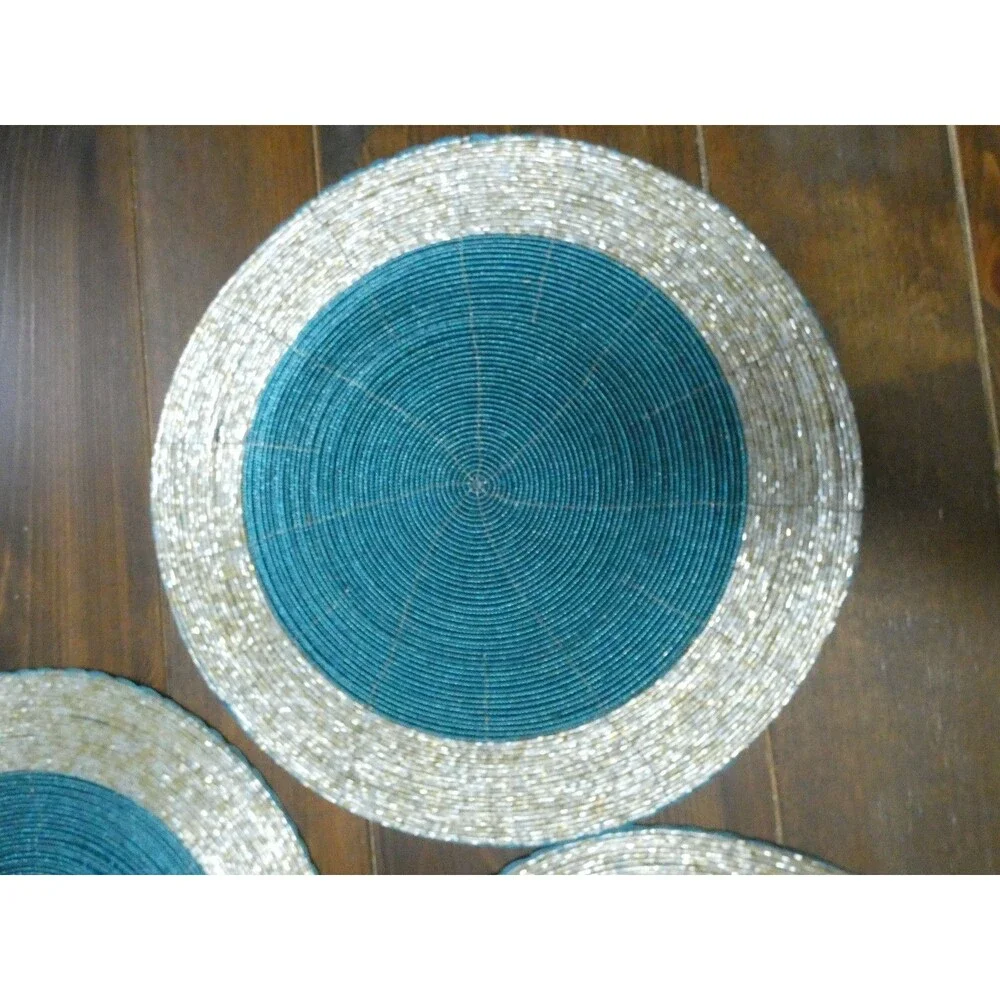 Handmade Heavily Beaded Charger Round Placemats Silver & Teal 13